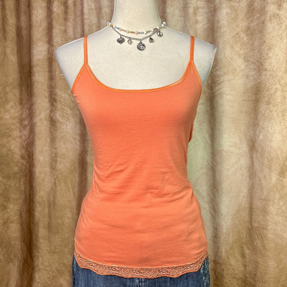 Vintage Y2K Cami Tank Top Floral Lace Trim Orange Sleeveless Fitted Indie Boho